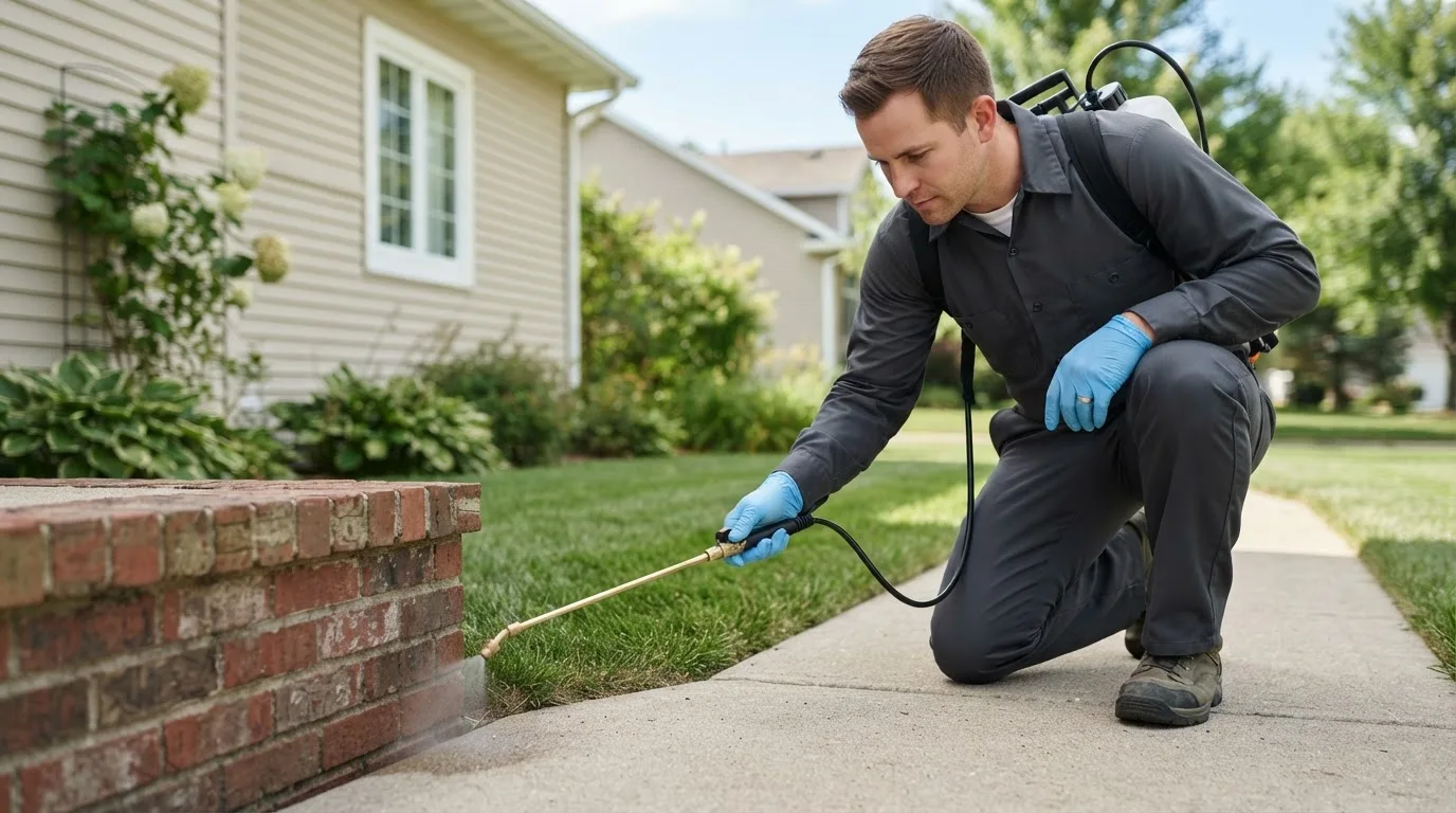 Pest control technician treating a home near New England, ND